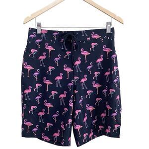 MeUndies Mens Size Medium Flamingo Print Swim Board Shorts Black Pink Pockets